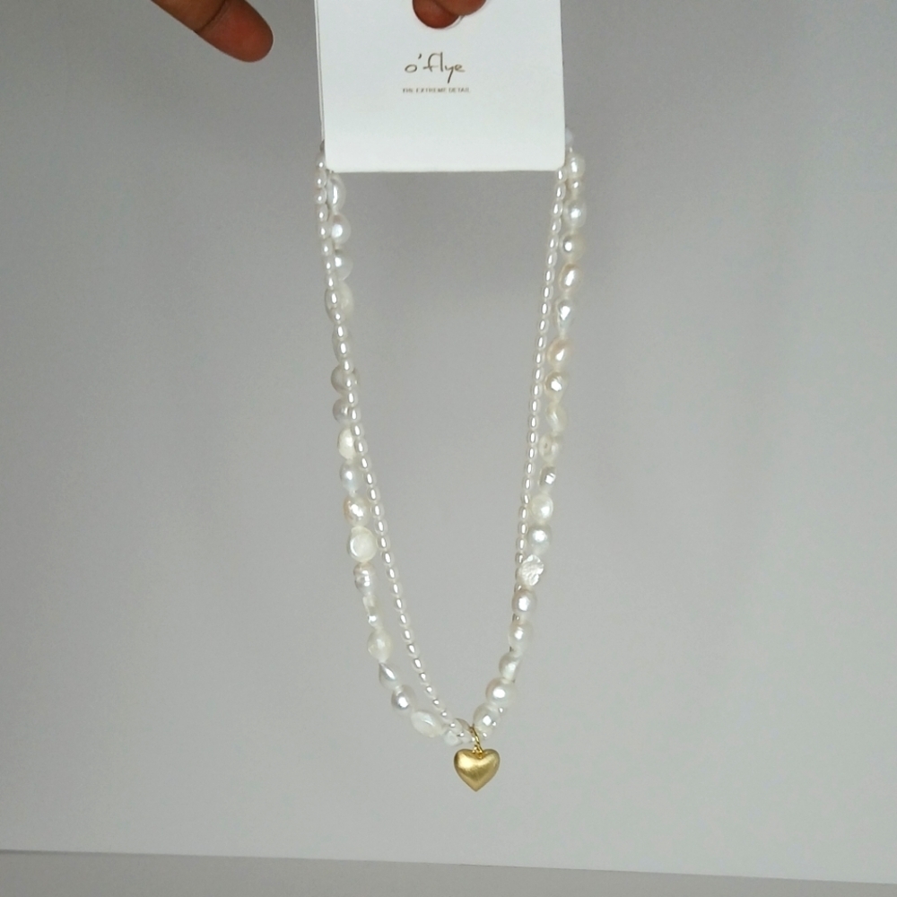 White Pearl Necklace Heart Charm Stainless Steel NWT Special Occassion